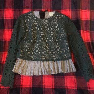 Anthropologie Teal and Gingham Peplum Blouse